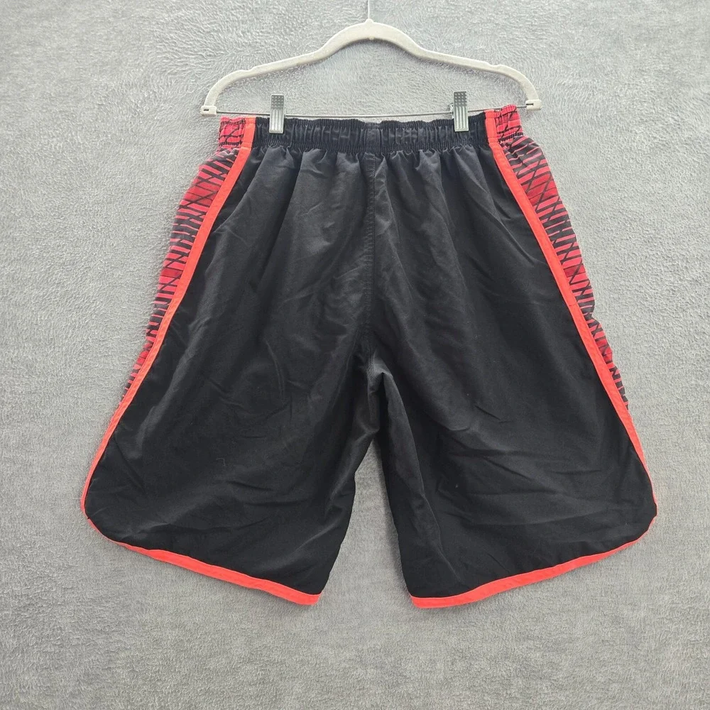 Nike Men Swimwear Large Black Red‎ Striped Swim Trunks Swoosh Logo Drawstring